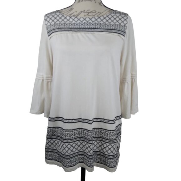 J. Jill | Embroidered Knit Ruffle-Sleeve Tunic Black Ivory | Size MP - Picture 2 of 11